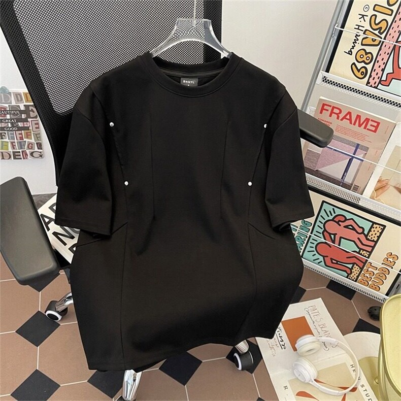 美式复古潮牌夏季解构柳钉褶皱短袖T恤休闲宽松痞帅上衣YW126P40,男装T恤,星座1013-1