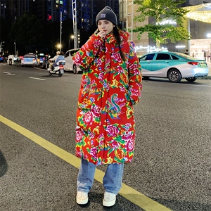A5长款棉衣外套东北大花风汉服男女宽松保暖防寒连帽棉袄情侣