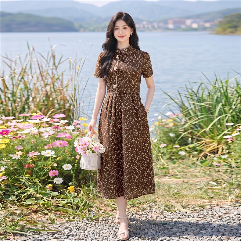全棉碎花连衣裙夏季新款收腰显瘦田园风优雅裙子,女装连衣裙,水衣源