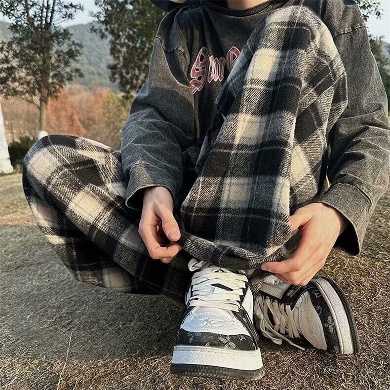 红色格子裤子春秋冬新款高腰垂感阔腿裤休闲加厚毛呢棉裤KK351-45，男装棉裤，星座911-3