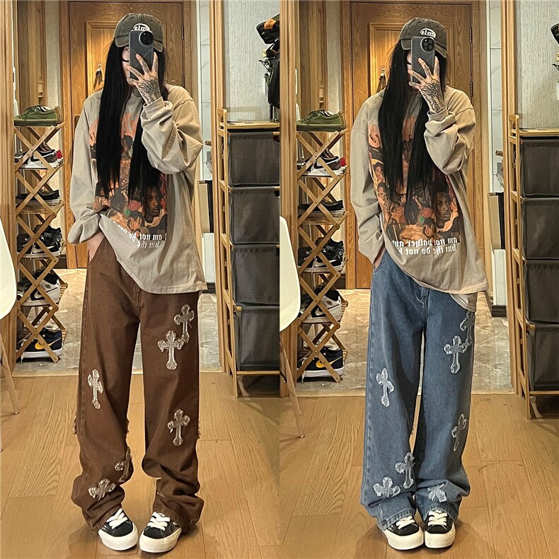 2026秋季新款美式十字架贴布刺绣牛仔裤女模 XZ604-KN08-P65控78图片