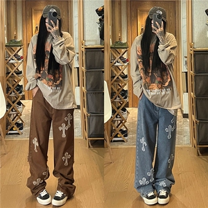 2026秋季新款美式十字架贴布刺绣牛仔裤女模 XZ604-KN08-P65控78图片