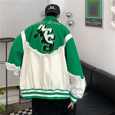 美式潮牌设计感小众拼接毛呢牛仔外套男秋冬潮流情侣慵懒风棒球服，女装职业装，星座505-2（原电商A260-1)