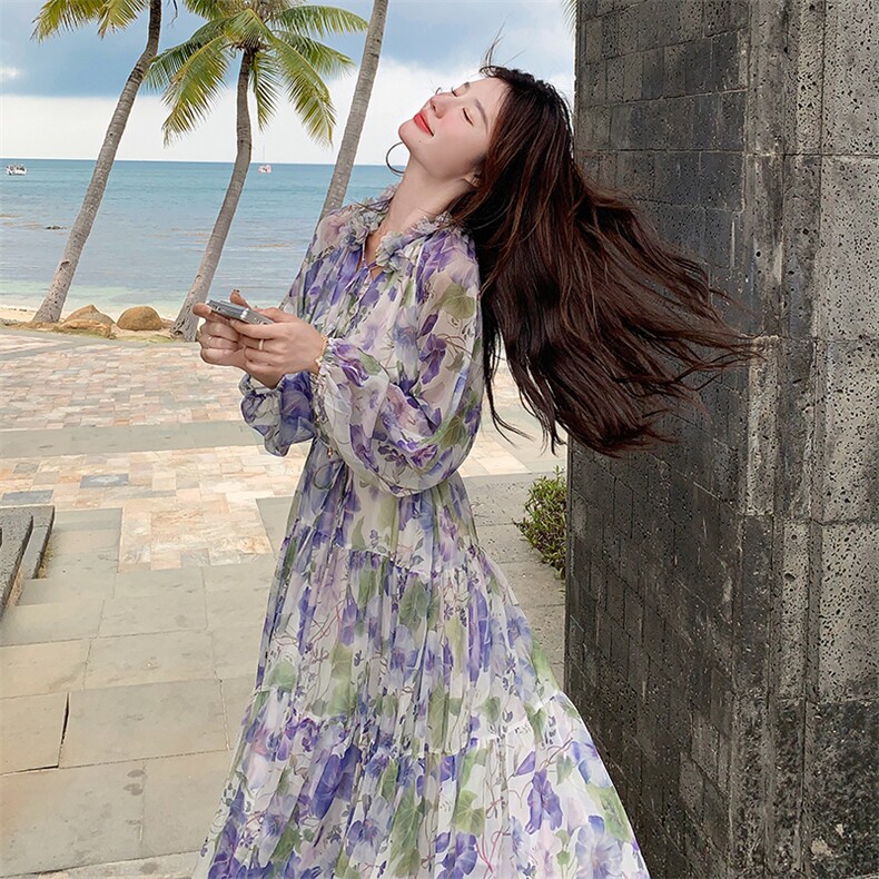 温柔风法式油画碎花连衣裙女夏2025新款长裙独特绝美巨好看度假风,女装连衣裙,2C029