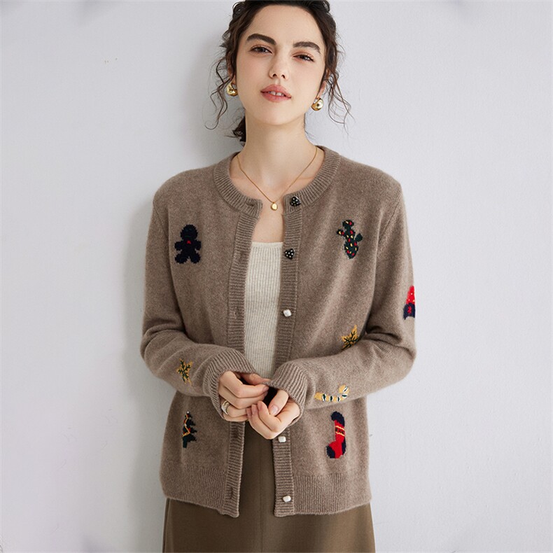 羊绒刺绣圆领开衫2024年秋季长袖单排扣针织衫，女装羊绒衫，旭日羊绒