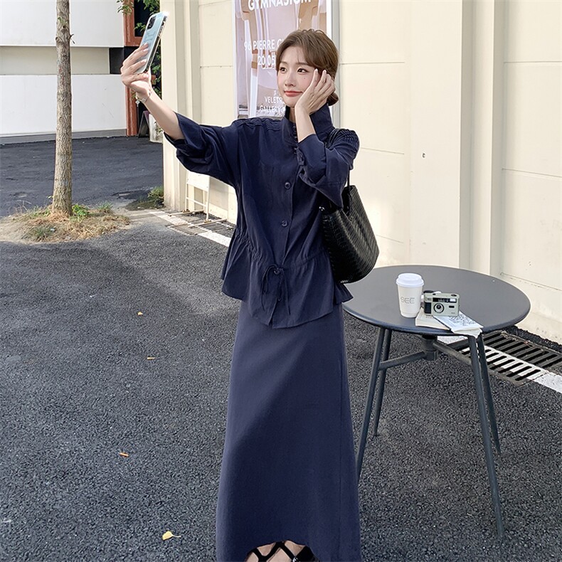 韩系重工压绉抽绳休闲衬衫半裙套装F715-P145-K238,女装套装/套裙,2C255