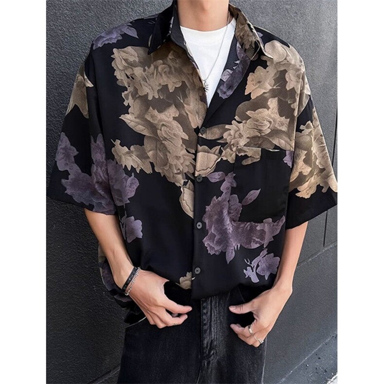夏新款印花短袖衬衣男休闲宽松冰丝男装上衣衬衫C2418,男装衬衫,星座1116A（原606A-3）