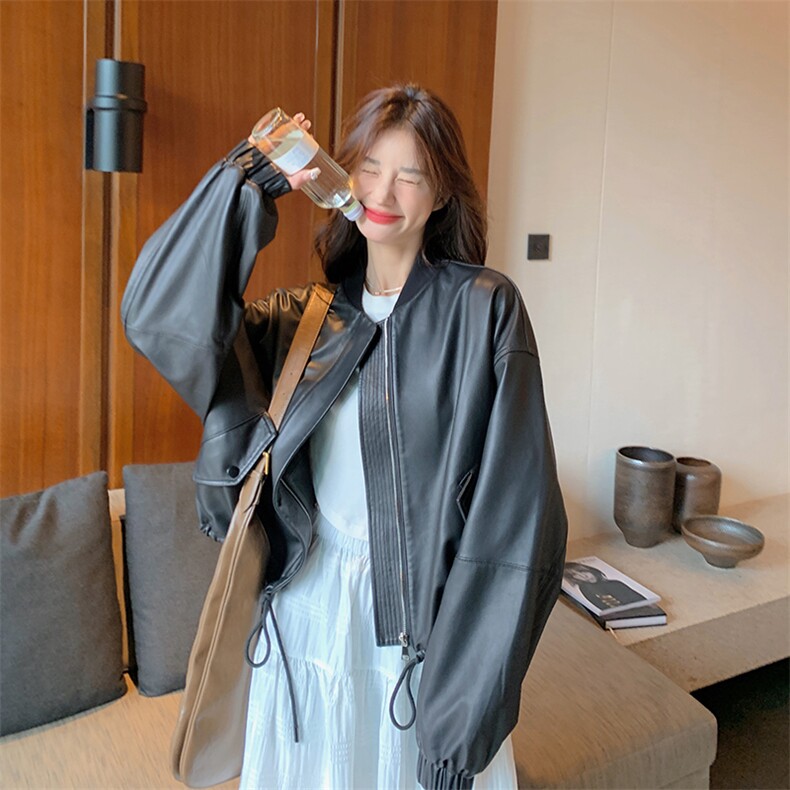 黑色高级感皮衣外套女2025春季新款美式复古宽松休闲小个子机车服,女装皮草,诺蝶