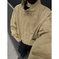 美式复古卡其立领工装夹克cleanfit高级感短宽巴恩风外套jk173p65，男装夹克，电商D315