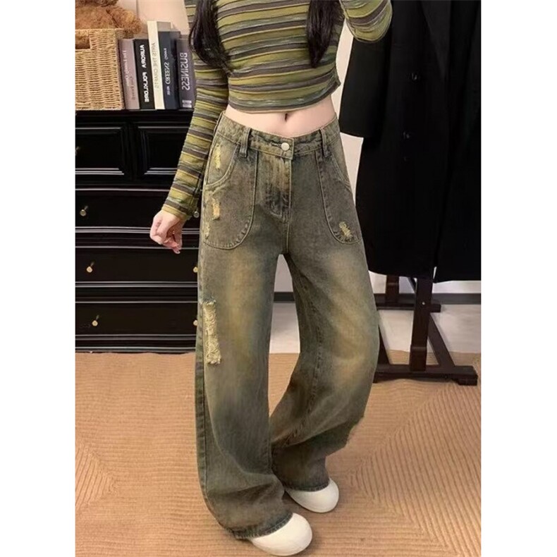 废土风脏色破洞牛仔裤女美式复古设计感百搭小众阔腿裤N163,男装牛仔裤,星座1116A（原606A-3）