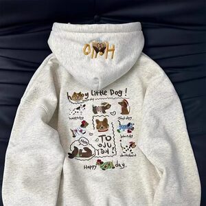 可爱腊肠小狗刺绣连帽拉链卫衣男加绒加厚高级感休闲宽松外套