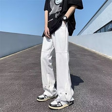 美式高街排扣牛仔裤男ins潮牌宽松直筒堆积感微喇裤子RK1109-P45，男装牛仔裤，星座412-2