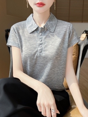 衬衫领短袖简约百搭宽松套头上衣，女装针织衫/毛衣，绒宛羊绒