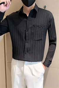 青少年男生纯色长袖翻领衬衫提花条纹黑色衬衣男C208-8890-特P48图片