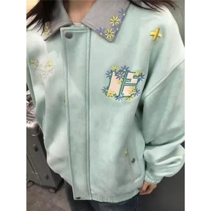 刺绣雏菊美式鹿皮绒棒球服外套女秋冬新款宽松夹克潮W6845-P71图片