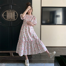 法式碎花连衣裙女夏季2025新款粉色小个子长裙高腰气质高级感裙子，女装连衣裙，2C133