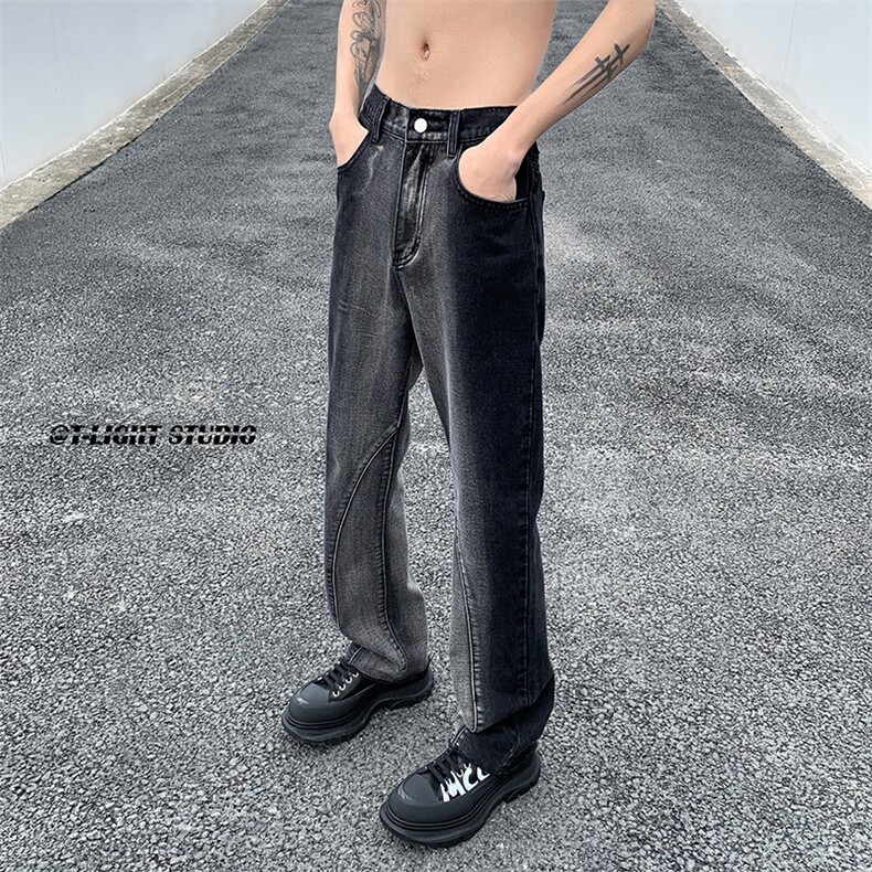 B221美式ins高街暗黑小众渐变色毛边微喇牛仔裤LK23047-P60控78,男装牛仔裤,电商B221