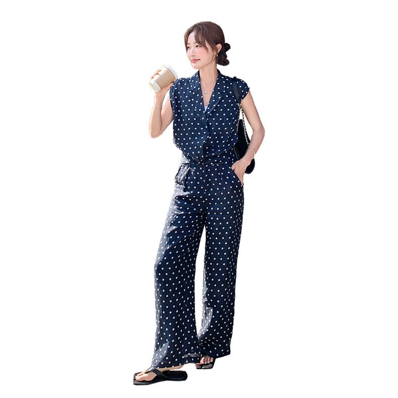 《大量现货26夏上新》100%苎麻舒适透气波点长裤无袖两件套女,女装套装/套裙,时尚风爆