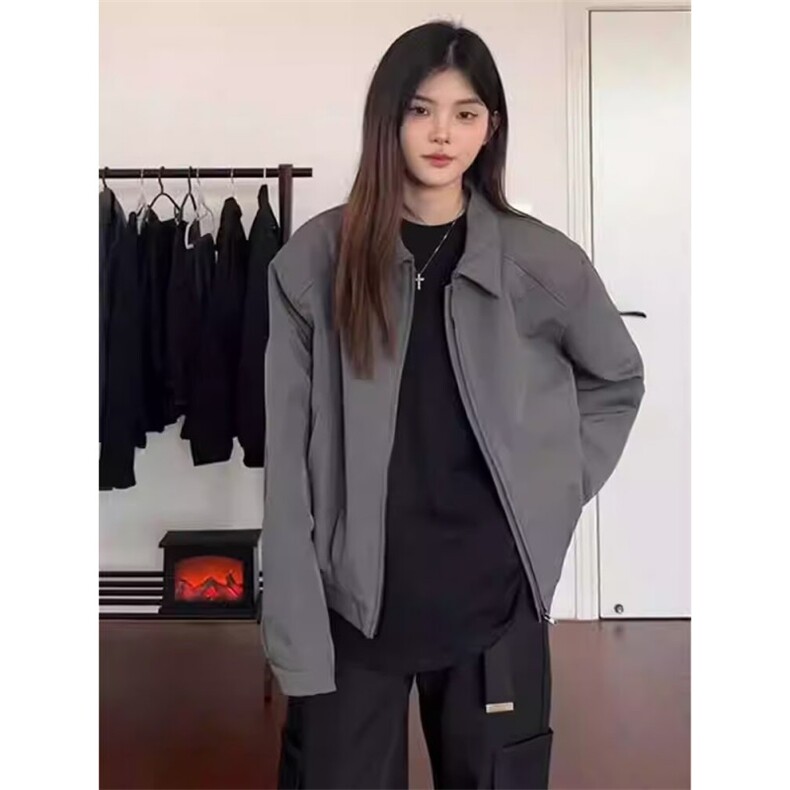 春秋款美式翻领夹克短款垫肩外套图片