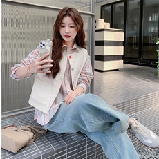 甜美条纹衬衫休闲马甲套装女2025春秋季新款设计感小众显瘦两件套，女装短外套，2C323