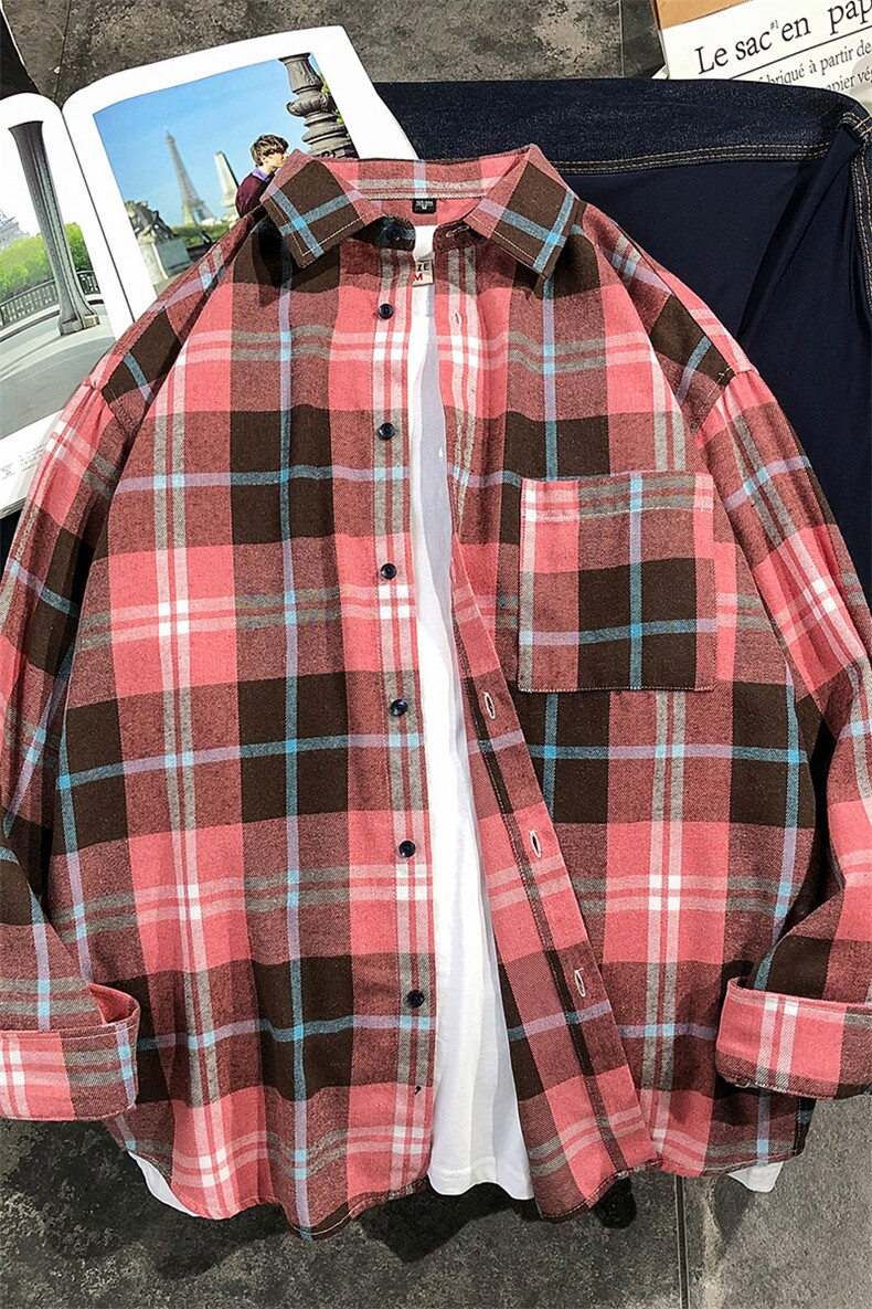 格子衬衫男韩版潮流帅气百搭宽松设计感长袖衬衣DF10T,男装衬衫,电商A102