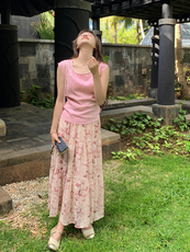 粉色上衣碎花半身裙套装女2025夏季新款氛围感穿搭超仙减龄两件套，女装套装/套裙，慧尚2-185