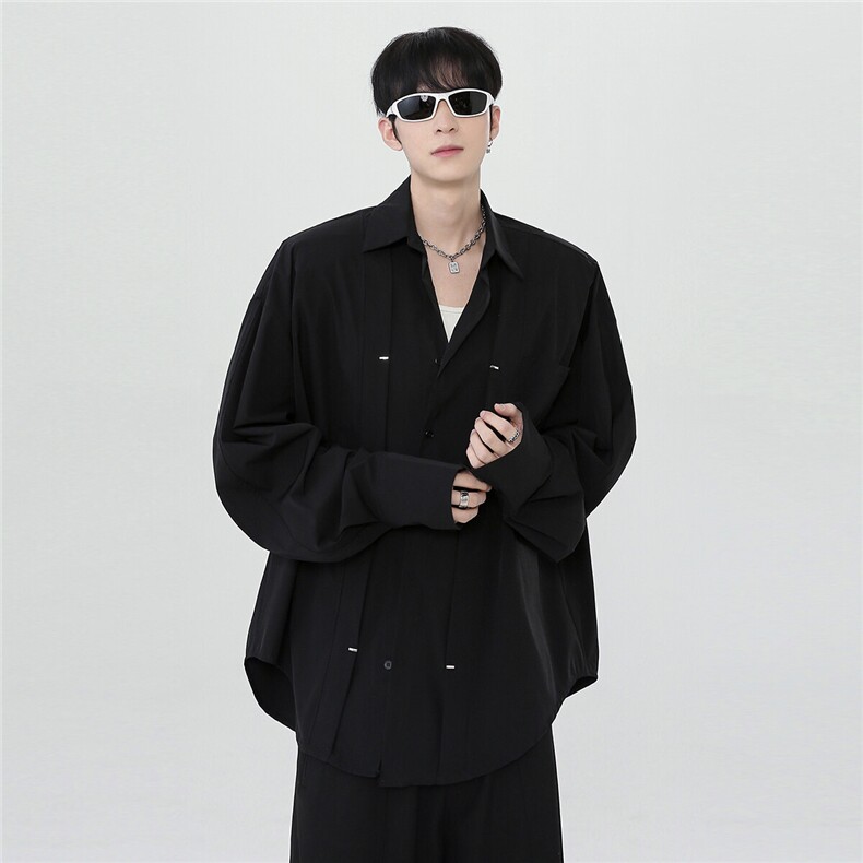 现货小众层次压皱设计感垫肩衬衫男长袖宽松廓形白衬衣CS27-P68,男装衬衫,电商C307