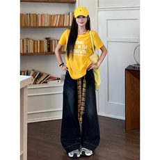 美式复古格子拼接绑带牛仔裤女夏季2025新款宽松直筒阔腿裤子，男装牛仔裤，星座1210-1