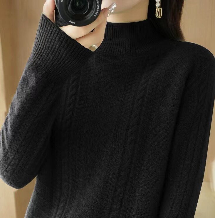 2025秋冬季新款针织衫女加厚扭花半高领宽松打底衫毛衣，女装针织衫/毛衣，犀桦羊绒