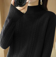 2025秋冬季新款针织衫女加厚扭花半高领宽松打底衫毛衣，女装针织衫/毛衣，犀桦羊绒