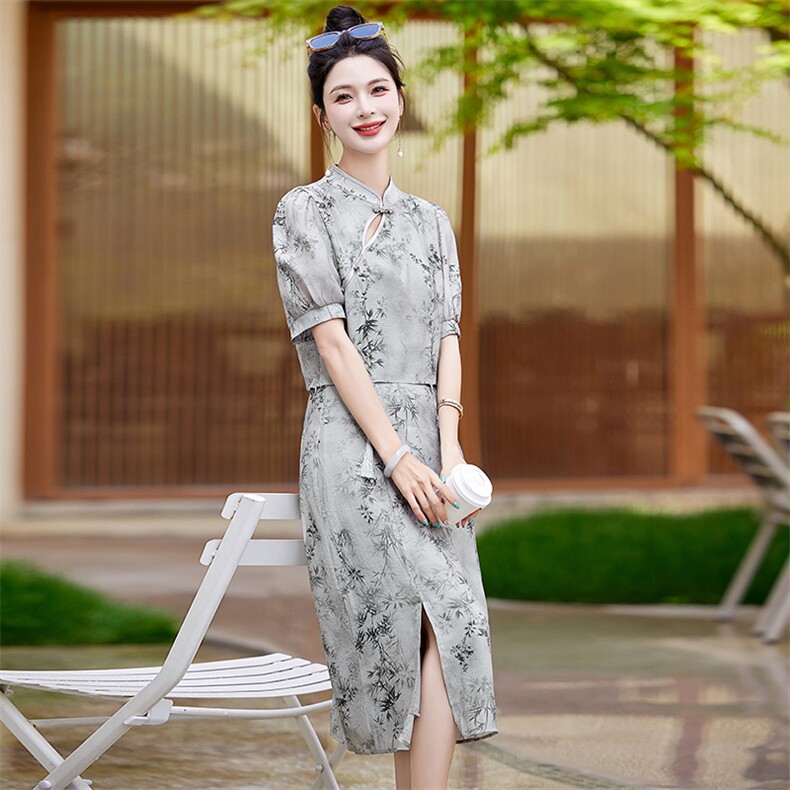 大码女装新中式国风旗袍套装夏装高级感盘扣半裙小衫时尚套装,女装套装/套裙,欣贝拉