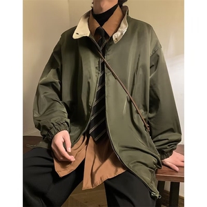 日系复古字母印花撞色翻领夹克男女秋季宽松百搭情侣外套J621P55图片