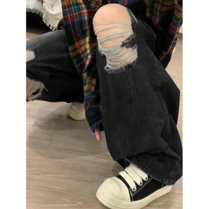 【网图】黑色膝盖破洞牛仔裤男女夏季美式高街vibe裤子NZ04WW特48图片