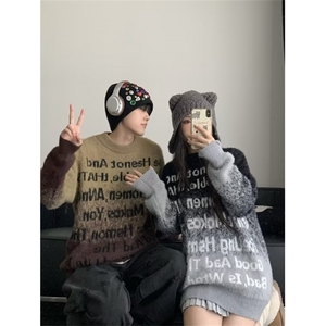撞色条纹针织衫外套男长水貂慵懒风毛衣情侣装美式上衣图片