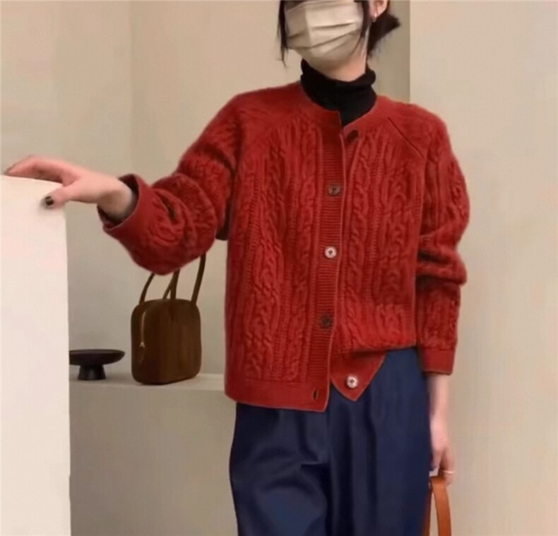 复古提花100%纯羊毛开衫女士圆领加厚毛衣宽松慵懒羊绒衫针织外套,针织衫/毛衣,艾驰羊绒