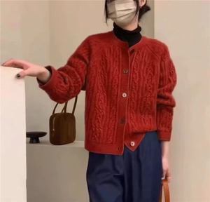 复古提花100%纯羊毛开衫女士圆领加厚毛衣宽松慵懒羊绒衫针织外套图片