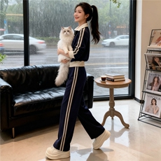 潮牌立领时尚运动套装女秋新款开衫拼接条纹短款外套阔腿裤两件套，女装套装/套裙，2C310