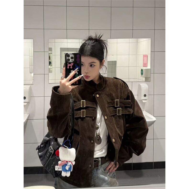 网图有货美式拼接设计麂皮绒外套男女宽松织带夹克A1046-P73，男装夹克，星座1505