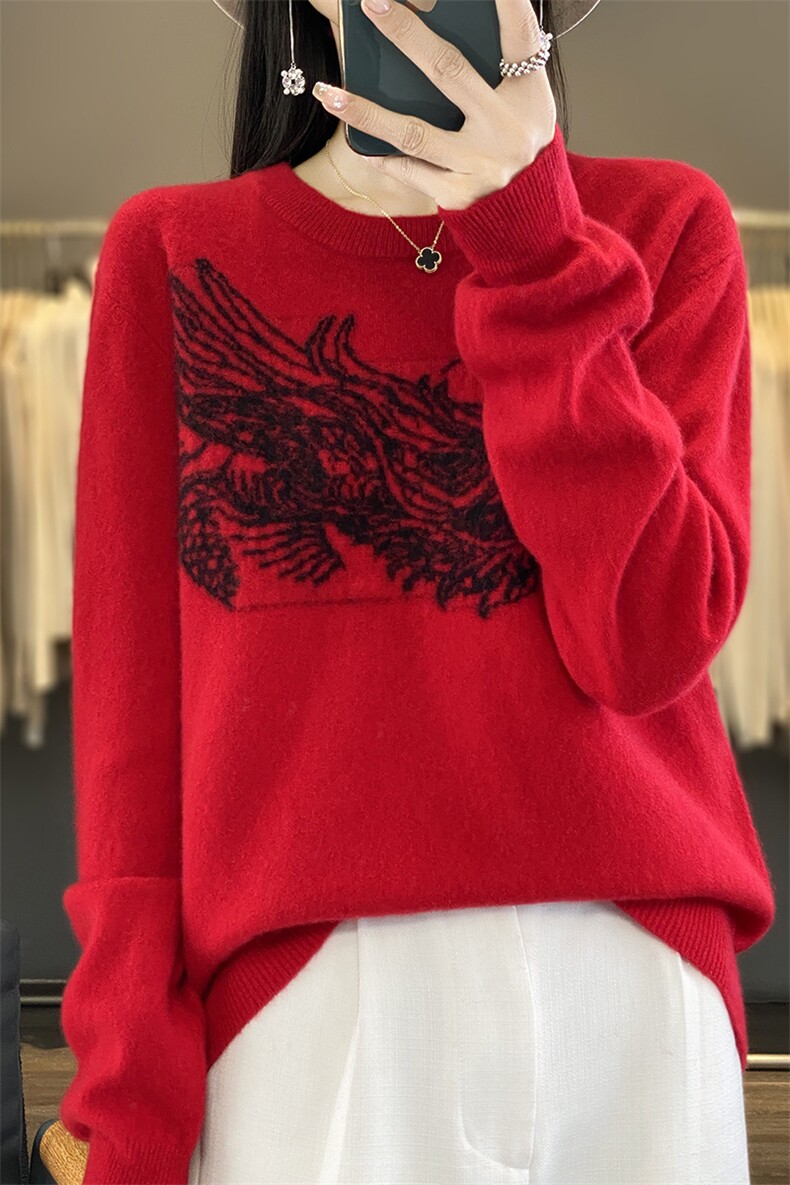 时尚潮流常规通勤百搭大龙图案羊毛圆领羊毛衫2024年秋冬新款,女装羊毛衫,丽特绒