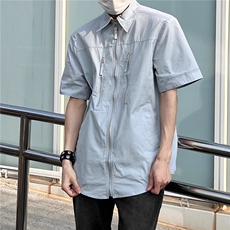 2025新款高街拉链polo翻衬衫男女宽松小众开衫短袖复古衬衣，男装衬衫，星座506A