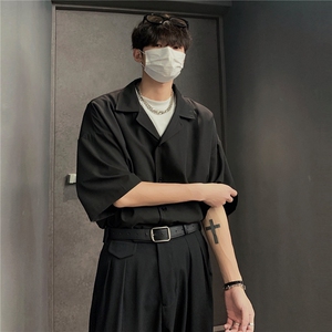 603-1-CY01-P38控58 现货 纯色古巴领衬衫男短袖宽松休闲半袖衬衣图片