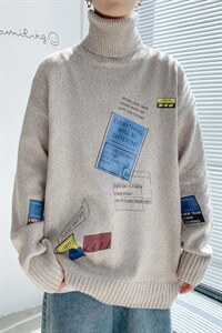 ！冬季加厚高领毛衣男潮牌印花百搭针织衫学生毛线衣GM603P60图片