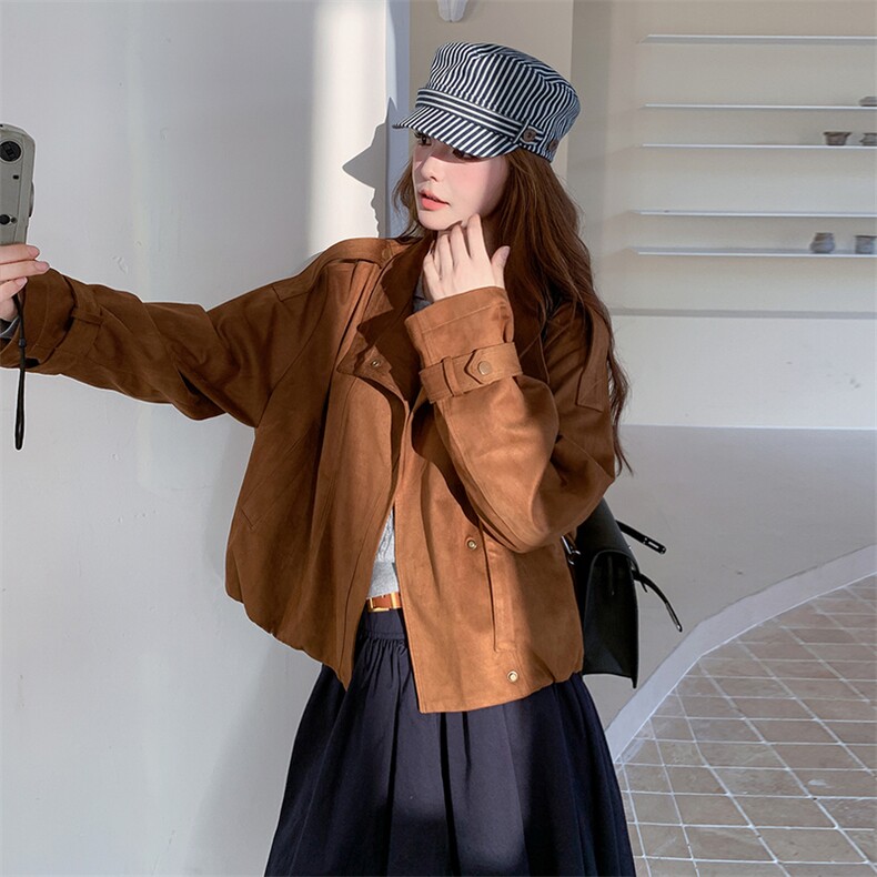 美式复古休闲风短外套女秋季2025新款仿鹿皮绒高级感宽松百搭上衣,女装短外套,帛锦泉