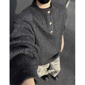 男装慵懒麻花条纹针织衫男修身长袖卫衣亨利领扭绳毛衣 M041图片