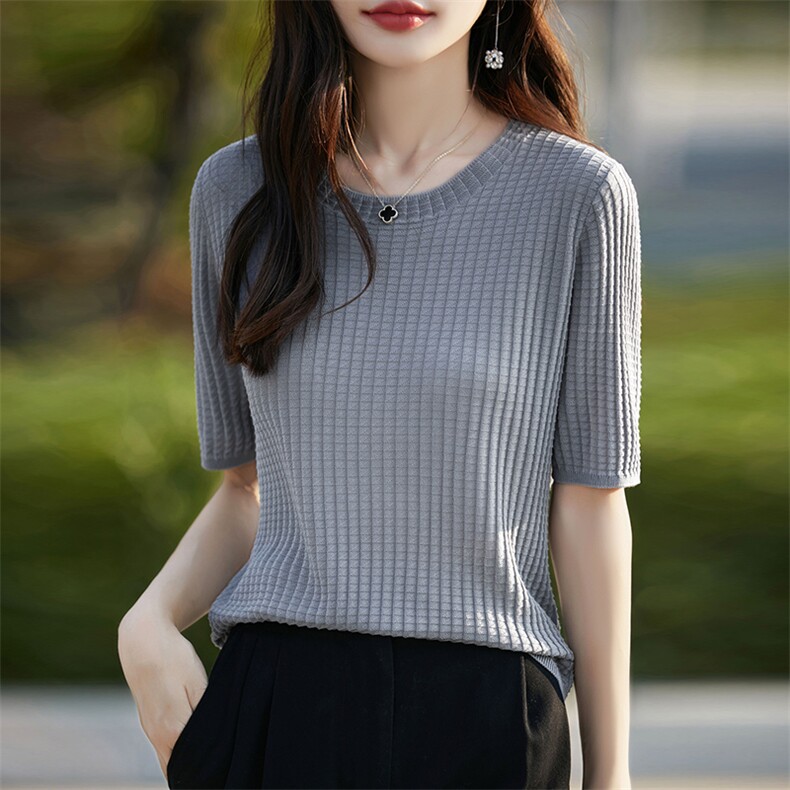圆领莱赛尔天丝针织短袖上衣女24夏季薄款提花打底衫宽松半袖T恤,女装T恤,暖烁羊绒