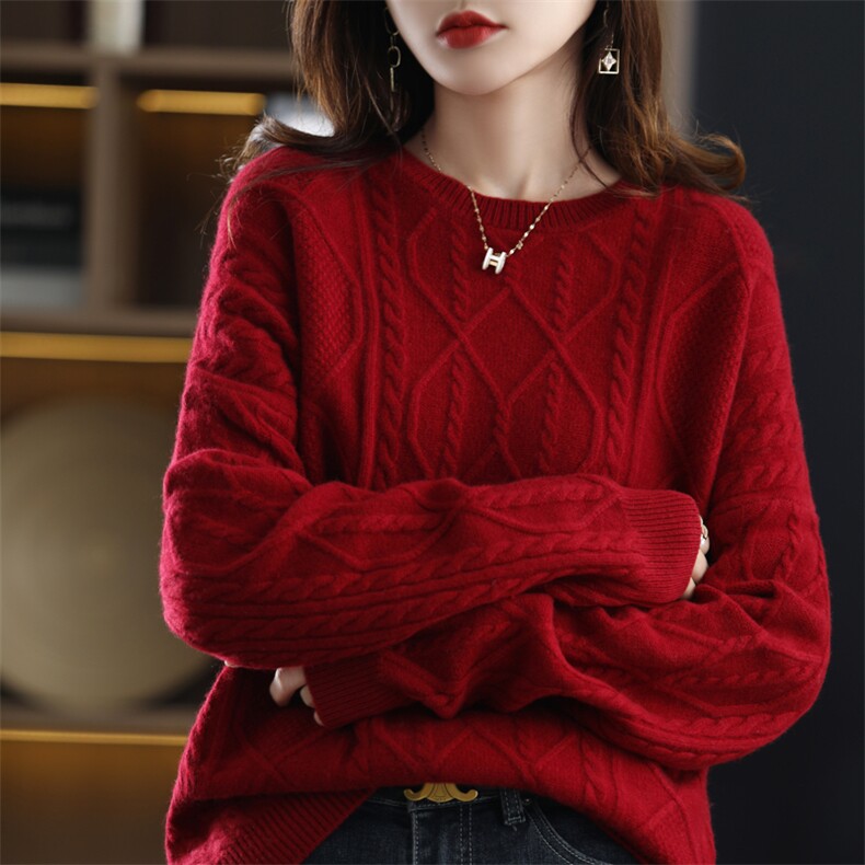 秋冬新款羊毛衫女宽松圆领复古羊绒毛衣内搭针织打底衫短款,女装羊毛衫,美雪羊绒
