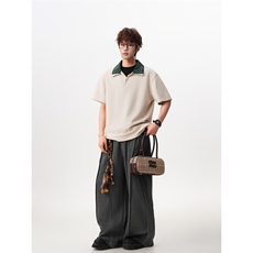 M-8XL美式复古撞色拼接polo衫半拉链短袖t恤大码宽松DX1227/特P40，男装T恤，电商B238