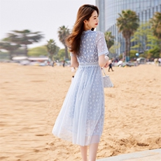 时尚潮流2023年夏季新款甜美显瘦蕾丝网纱拼接长款连衣裙，女装连衣裙，安之芮娜