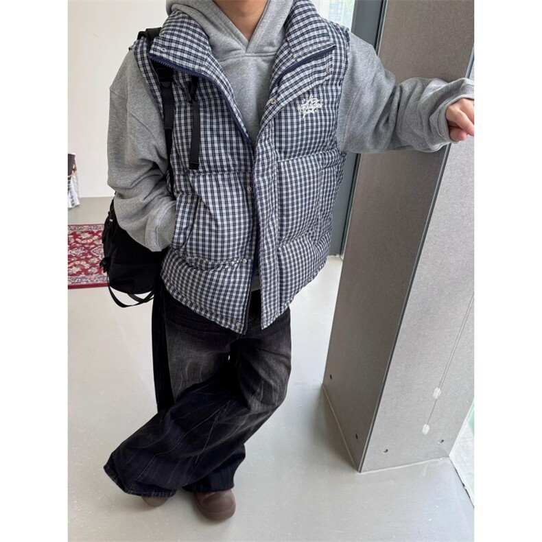 秋冬季美式复古宽松厚款棉服男女立领蓝格子条纹马甲潮MS470,男装背心/马甲,星座1116A（原606A-3）