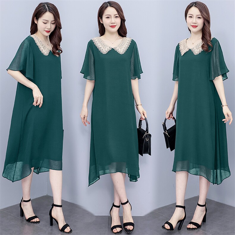 (现货）胖mm短袖雪纺连衣裙女2025夏季新款娃娃领黑色气质裙子，女装大码女装，深妍伊美